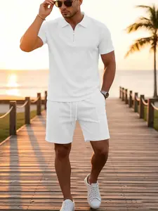 Men's Two-Piece Set Solid Half-Zip Polo Shirt and Shorts, Casual Slim-Fit Short Sleeve Collar Top and Sports Pants, Summer Men's