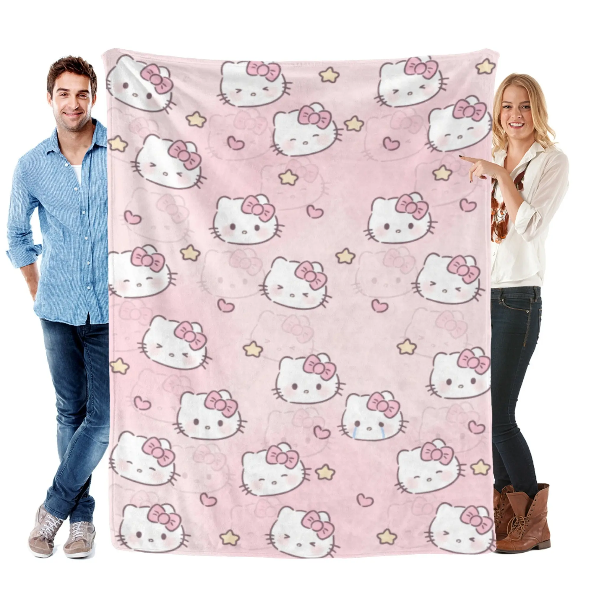 [SummerVibes] SANRIO CLASSIC Hello Kitty Expressions Flannel Blanket - Soft, Warm, Lightweight with Vibrant 2D Kawaii Design, Sofa, Bed, Office Nap Throw