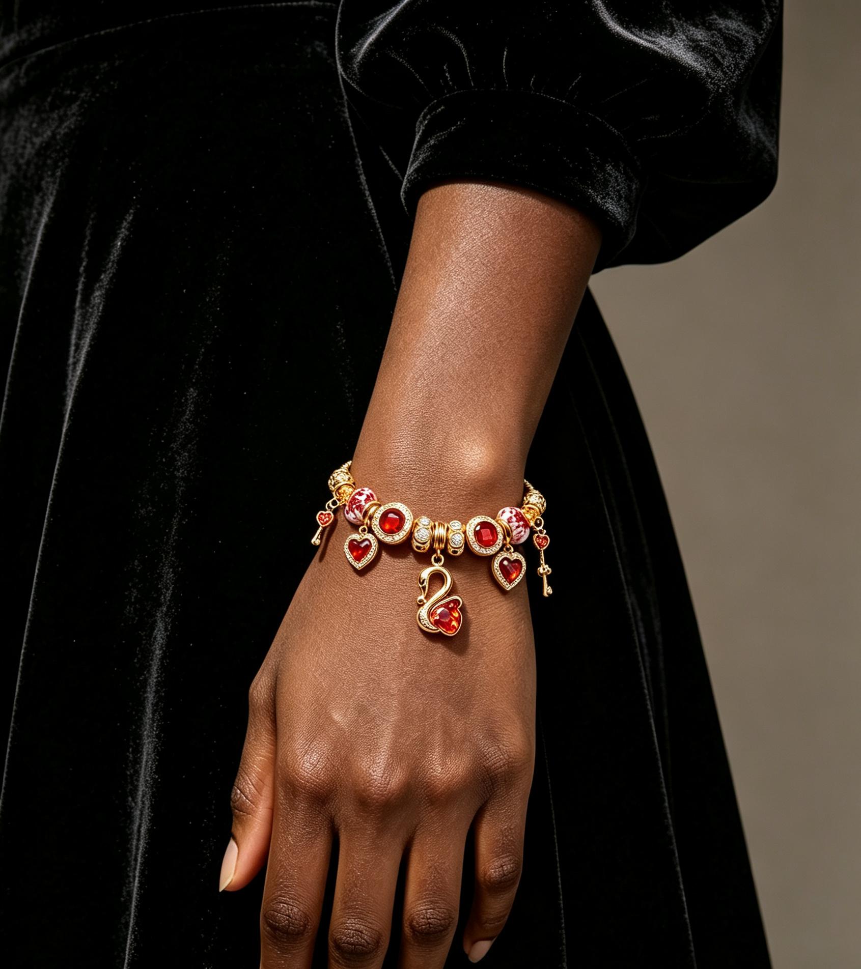 Luxury Red Crystal Charm Bracelet, Shiny Gold Tone Snake Chain Bracelet with Swan, Heart & Key Charms, Adjustable Beaded Fashion Jewelry Gift for Women Girls