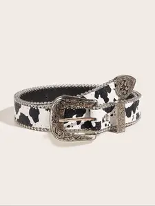 Women's Cow Print Western Belt, Fashion Vintage Style Flower Engraved Belt for Daily Clothing Decor, Trendy All-match & Exquisite Studded Belt for Birthday Gift