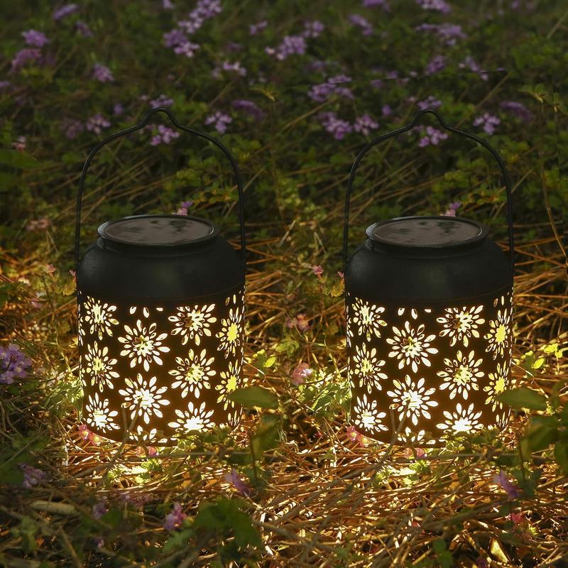 LeiDrail Solar Hanging Lantern with Floral Cutout Pattern – Waterproof Metal Outdoor Garden Light