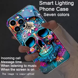 A Halloween-themed mysterious skull case with a colorful, voice-activated luminous design. Suitable for iPhone 16-12. Features intelligent voice control, luminous technology, dazzling drop protection, a luminous, colorful design, and a shockproof case.