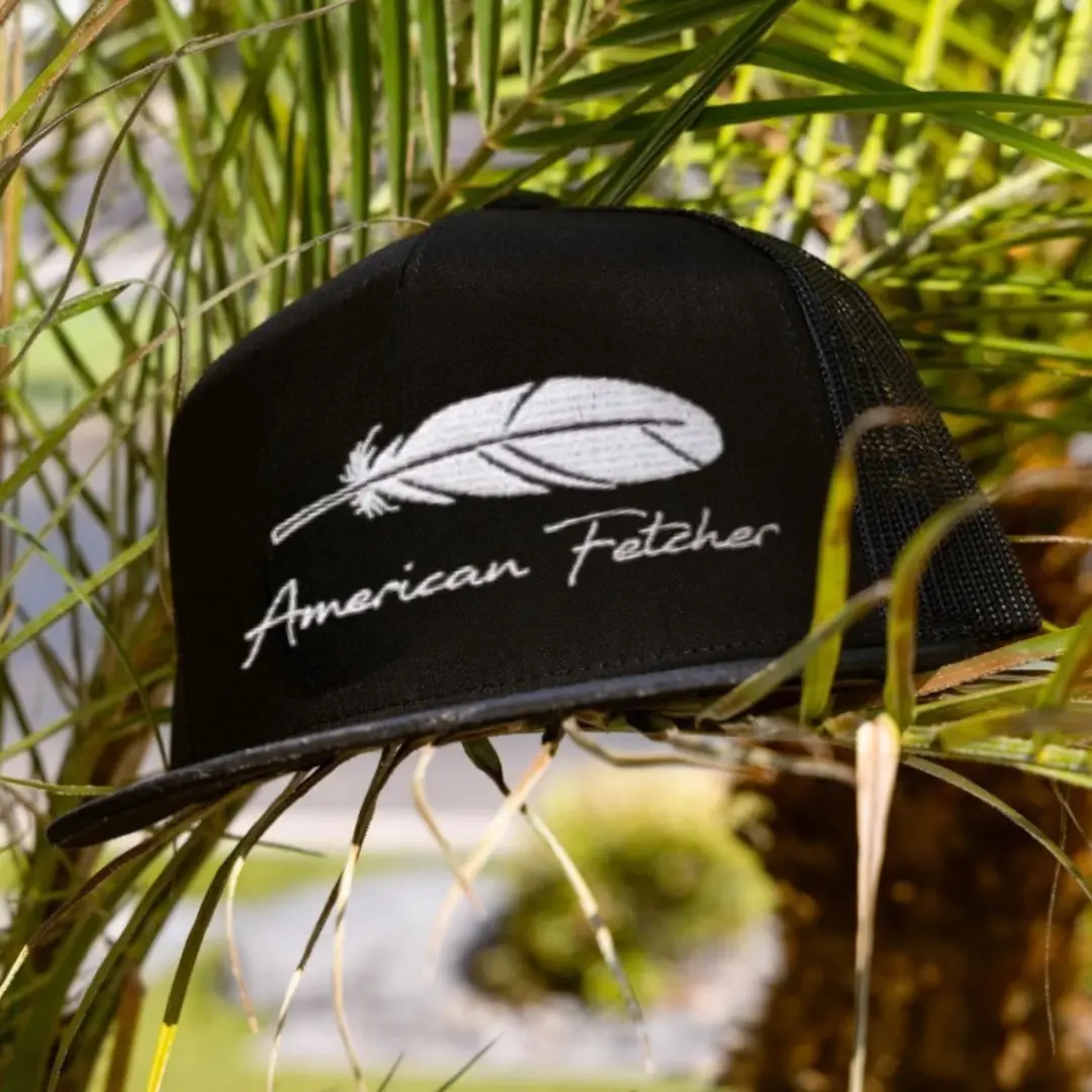 American Fetcher Feather Hat, Embroidered Trucker Snapback Cap, Flatbill Mesh Baseball Hat, Adjustable Outdoor Hunting Lifestyle Cap for Men and Women, White