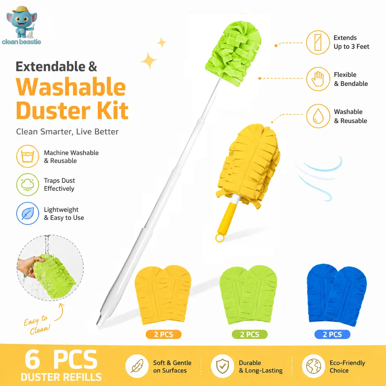 Washable Microfiber Duster Kit Compatible with Swiffer 360° for Ceiling Fans, Blinds & Furniture – 6 Reusable Refills, Extendable Pole & Short Handle | Clean Beastie
