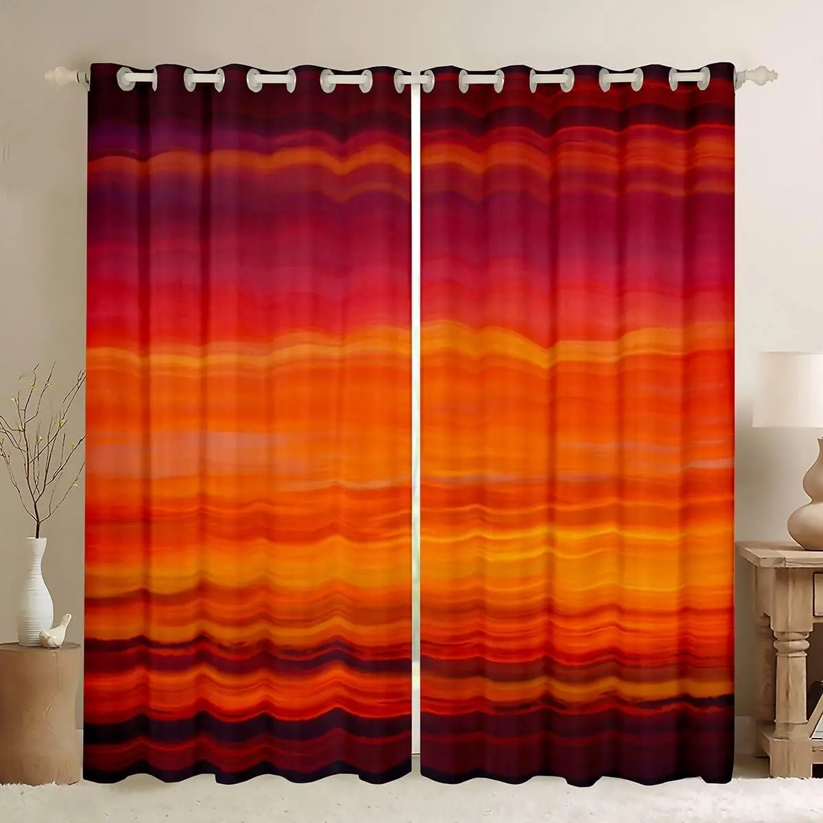 Red Tropical Exotic Stripe Blackout Window Drapes - 30%-50% Darkening Dark-Colored Curtains, Colorful Beautiful Patterns Designer Print Blackout Privacy Curtain Treatments, Colorful Curtains