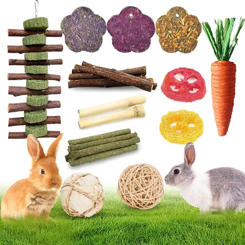 21-Pcs Handmade Small Animal Dental Chew Toys Set for Rabbits & Gerbils, Durable Rattan & Peach Wood Sticks, Timothy Hay Treats, Bamboo Crunch, 6x4x2in Cage Accessory, Improve Digestion, Handles Strong Chewing