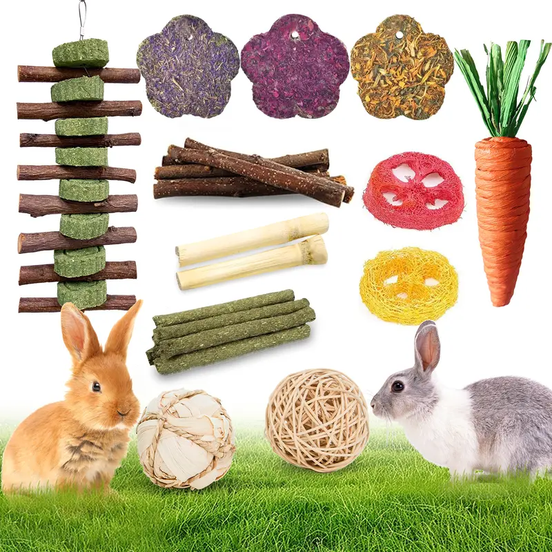 21-Pcs Handmade Small Animal Dental Chew Toys Set for Rabbits & Gerbils, Durable Rattan & Peach Wood Sticks, Timothy Hay Treats, Bamboo Crunch, 6x4x2in Cage Accessory, Improve Digestion, Handles Strong Chewing