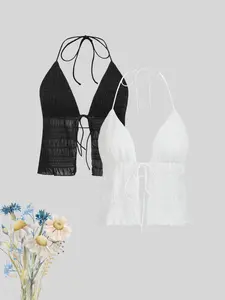 Summer Halter Neck Tie Back Waist Drawstring Adjustable Elastic Deep V Neck Two Piece Set, Women's Fashion Casual