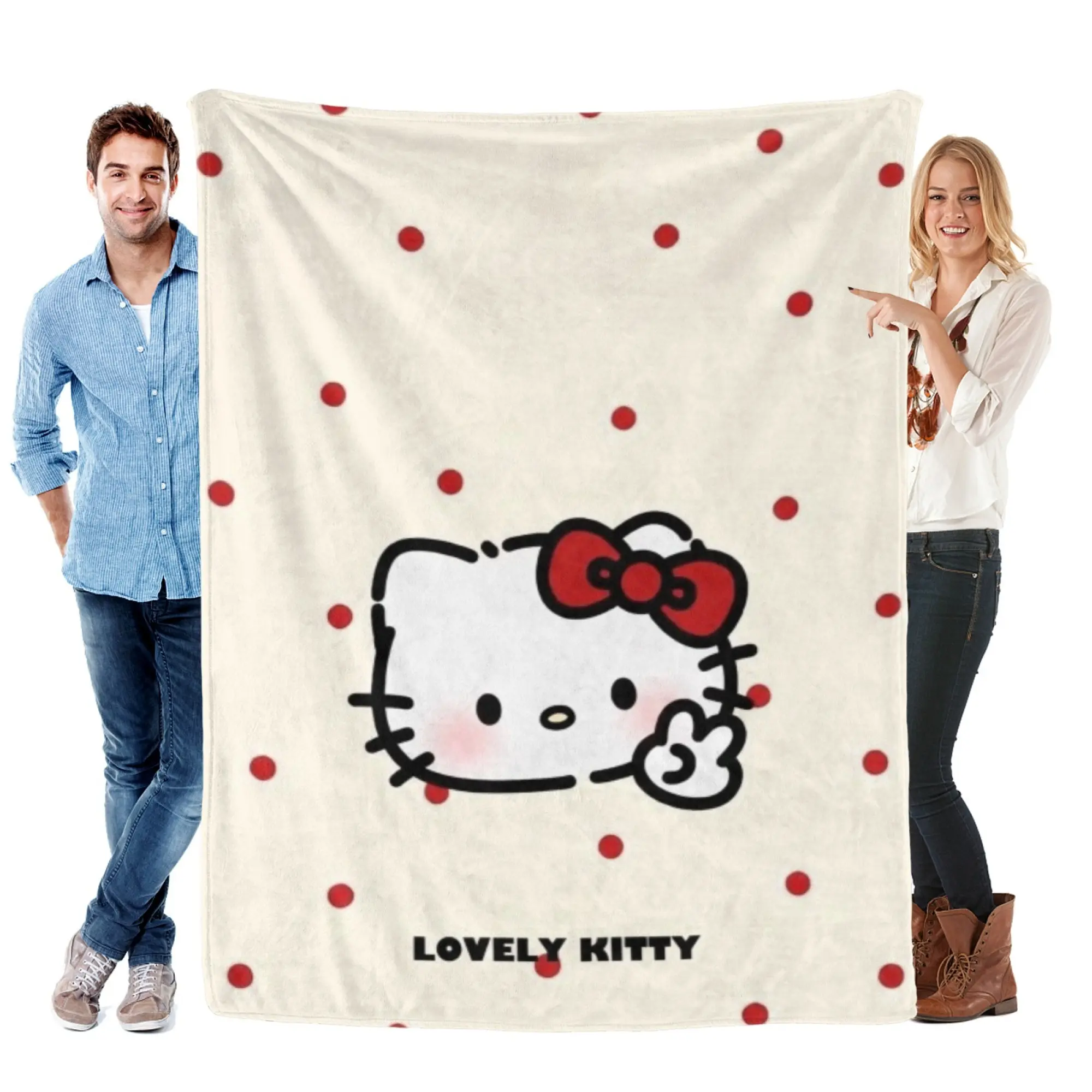 [SummerVibes] SANRIO Hello Kitty Red Polka Dot Flannel Blanket - Classic 2D Cartoon Soft Warm Fleece Throw Blanket, Lightweight Cozy Fuzzy Blanket for Sofa, Bed, Home Decor & Viral Gifts for Girls
