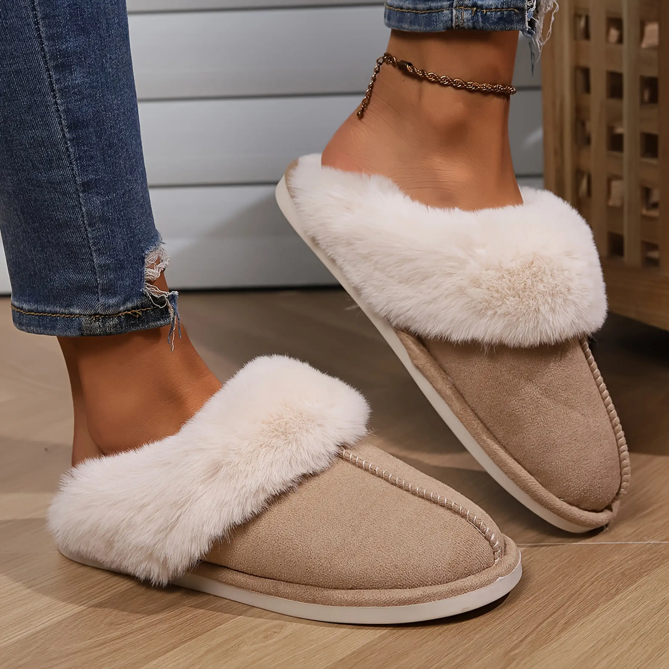 Comfy Women's Fleece-Lined Slip-On Moccasin with Fluffy Detail - Non-Slip Winter Home Slippers on Flat Warm Shoes