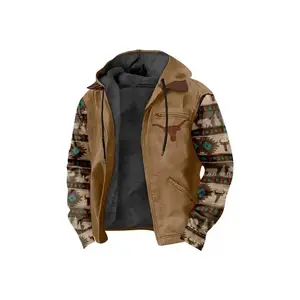 Men's Southwest style wool jacket - loose full zipper hooded jacket, turquoise/black/brown geometric print, insulated and warm, machine washable, Southwest print design, functional pockets&no - autumn/winter casual streetwearRAIMENTRY
