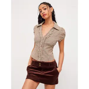 Cider Cotton V-neck Check Button Short Sleeve Blouse