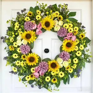 24 Inch Sunflower Wreath for Front Door – Spring Summer Decor with Artificial Hydrangea & Greenery – Farmhouse Indoor Outdoor Decoration, for Mantel, Window, Fireplace, Wall
