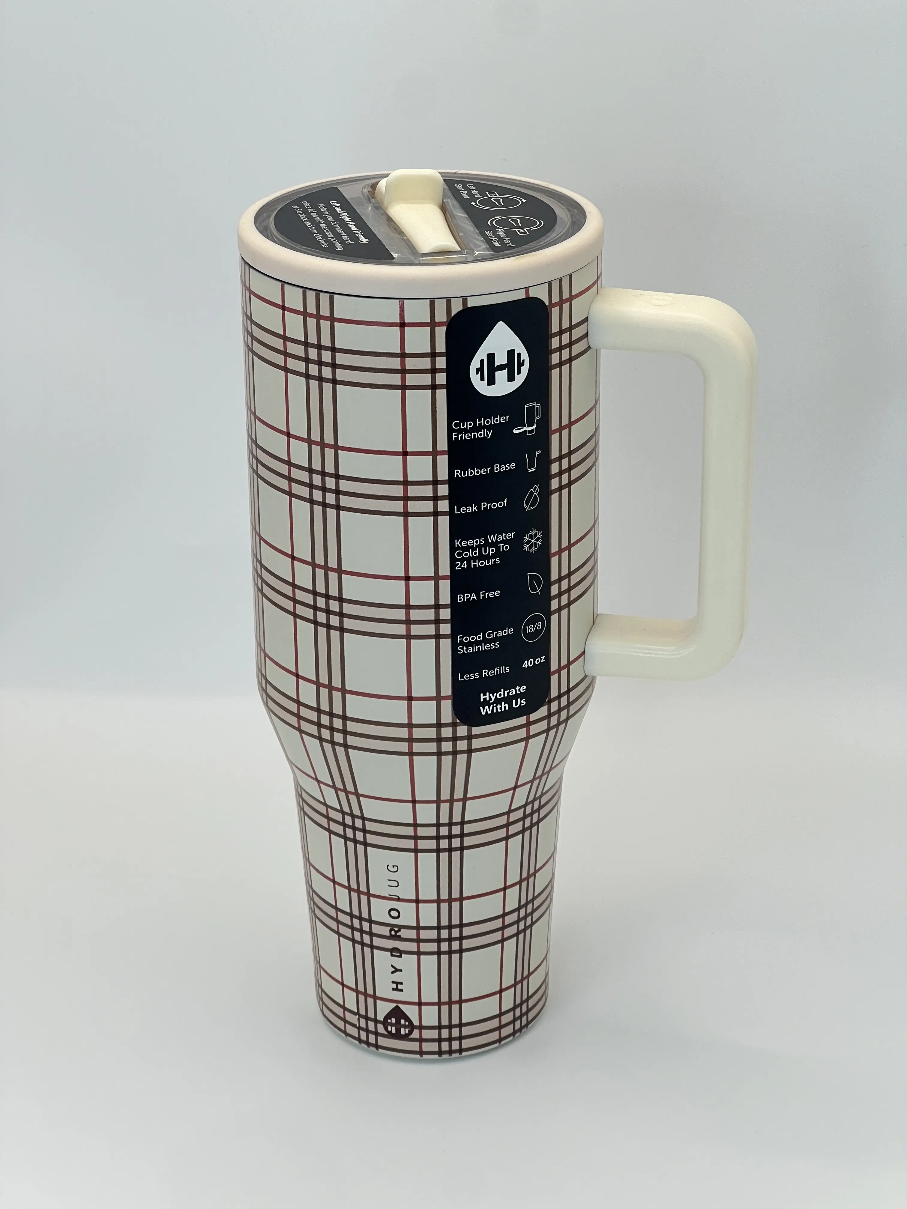 HydroJug 40oz Tumbler with Handle, Vintage Plaid Grid Print, Stainless Steel Insulated Travel Mug, Flip Straw Lid, 24 Hours Cold Retention, Car Cup Holder Friendly, Leakproof