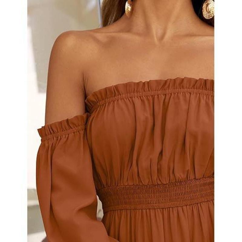 Women's 2025 Boho Sexy Off Shoulder Long Sleeve Smocked High Waist Side Split Flowy A Line Tiered Long Maxi Dress Summer Casual prom dress summer outfits white graduation dress sundress sundress birthday dress  Womenswear Formal summer outfits