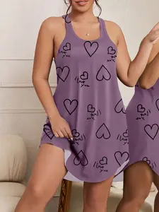 New Plus Size Heart Letter Print Sleepwear, Lightweight Vest Dress Casual Loose Comfortable Homeewear, Summer New Cure-Style Set, Sleeveless Nightgown