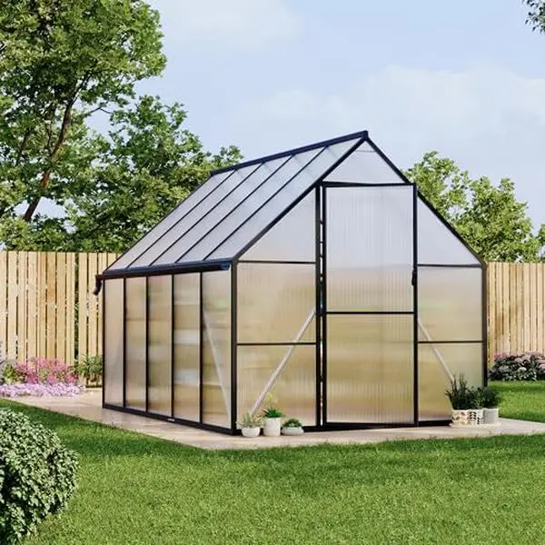 GARVEE Black 8X10 ft Polycarbonate Greenhouse with Aluminum Frame, Polycarbonate Greenhouse for Outdoors, Greenhouses with Ventilation and Rain Gutter, Aluminum Large Walk-in Greenhouses for Outside
