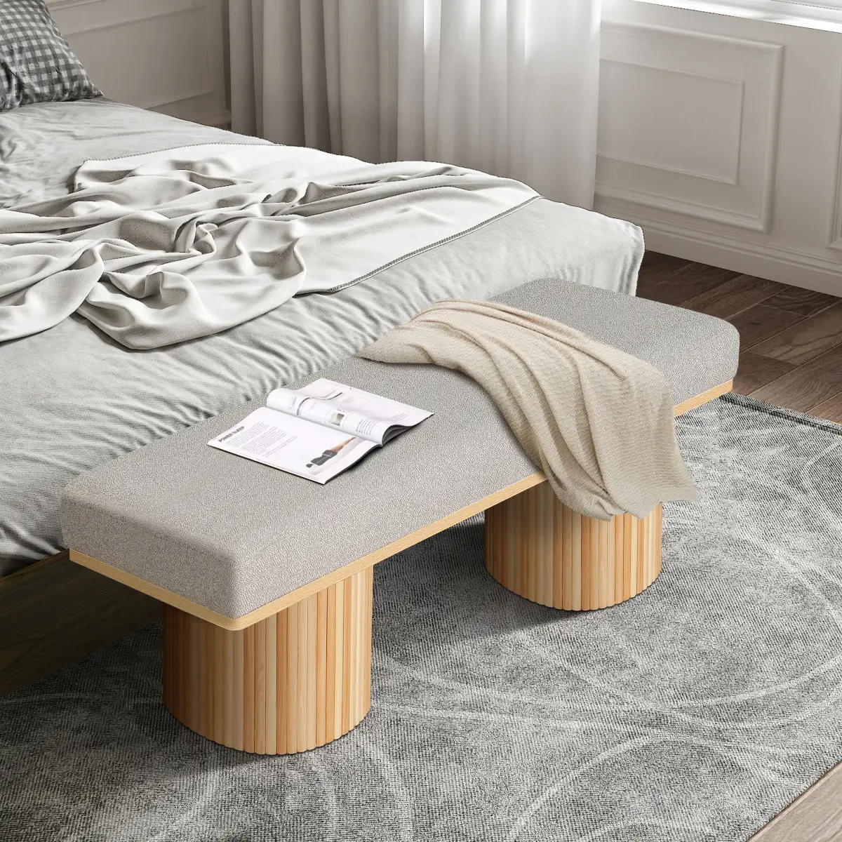 Upholstered Bench with Chunky Legs Light Grey Boucle Fabric Contemporary Style Bed-end Bench for Bedroom Living Room, Natural Wood