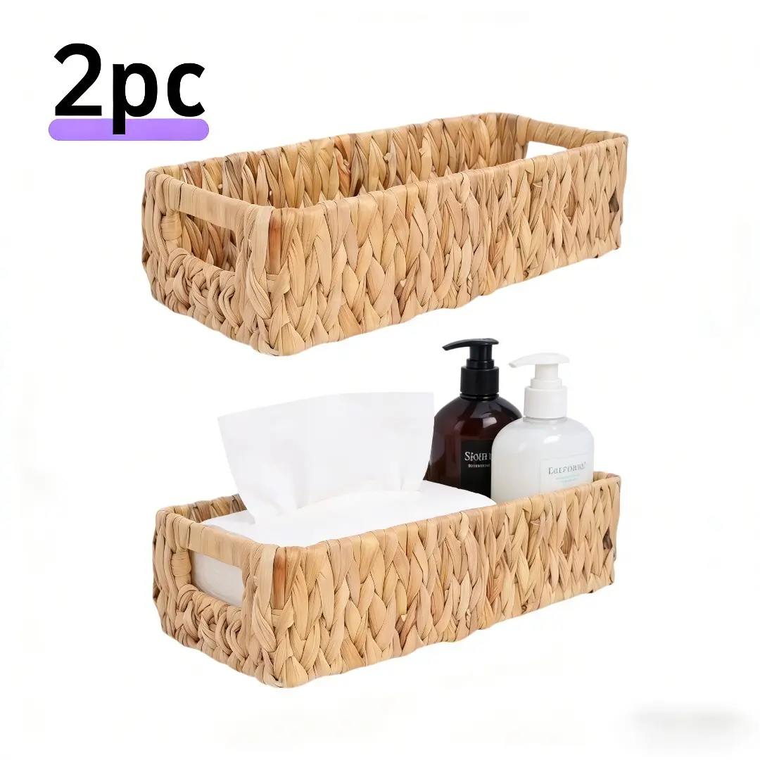 2-Pack Handwoven Water Hyacinth Toilet Tank Baskets with Built-in Handles - Compact House Organizers Set, Narrow Wicker Home Supplies for Toilet Paper Storage, Boho Farmhouse Bathroom Vanity Organizer Gift