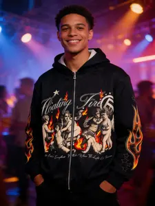 Street Style Print Zipper Hoodie Sweatshirt, Unisex Drawstring Hooded Pullover, Spring & Fall Fashion Trend, European and American Streetwear, Tops