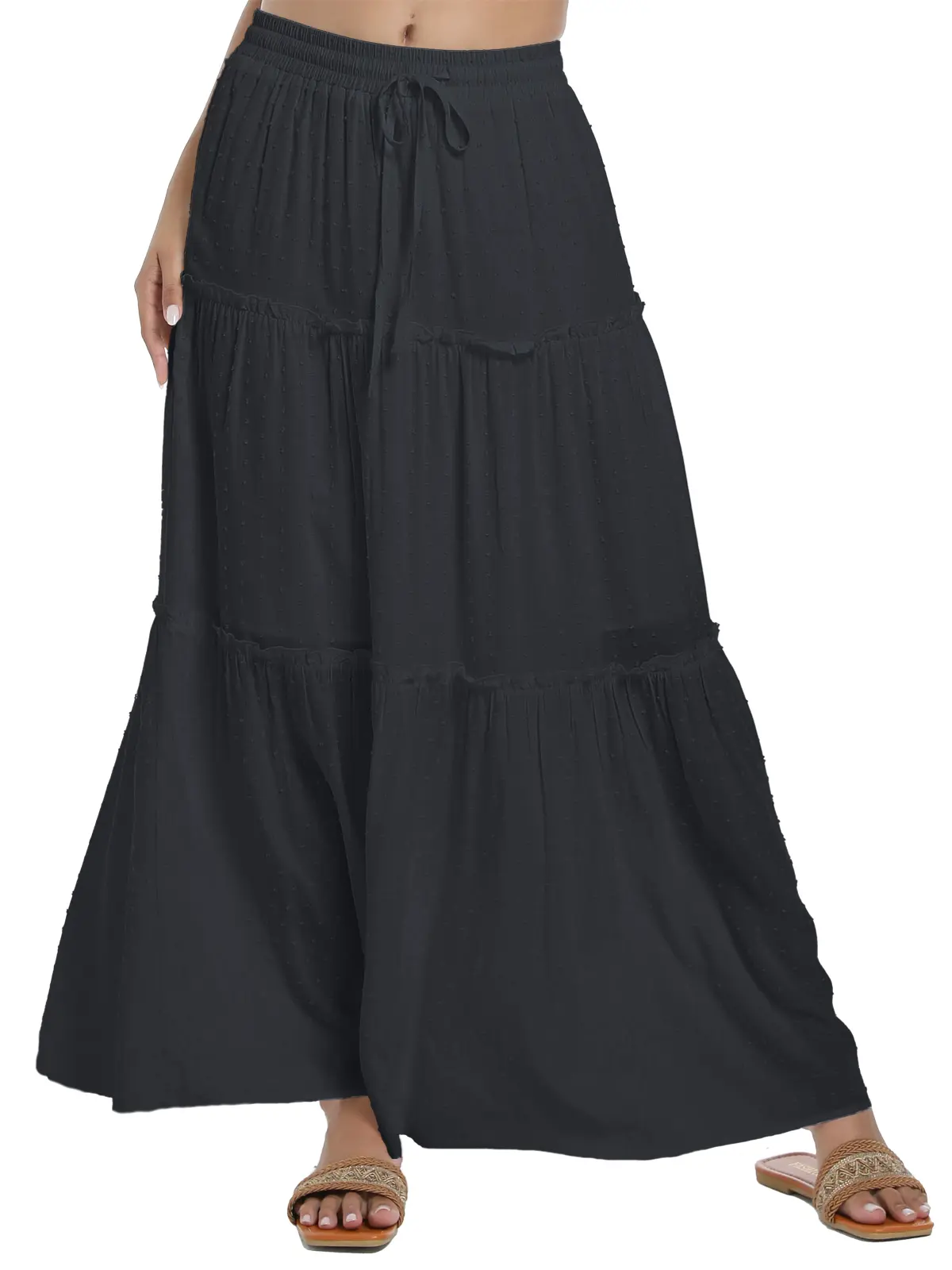 Women's Boho Tiered Maxi Skirt, a Flowy A-Line Rayon Bottom with a High Drawstring Waist for Beach Vacation or Cocktail Parties, Aesthetic, Fashion, Comfortable, Dress, Streetwear, Minimalist, Fabric, Trench, Garment, Adjustable, Soft, Long Skirt