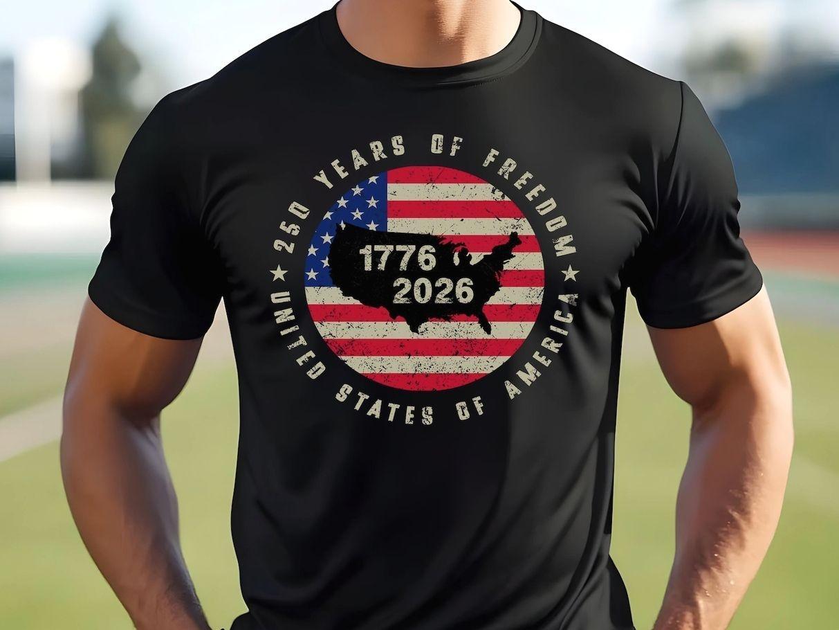 250 Years America Heritage T-Shirt, USA Flag Freedom Theme 250th Year, Full Size, High Quality Print Fade Resistant .