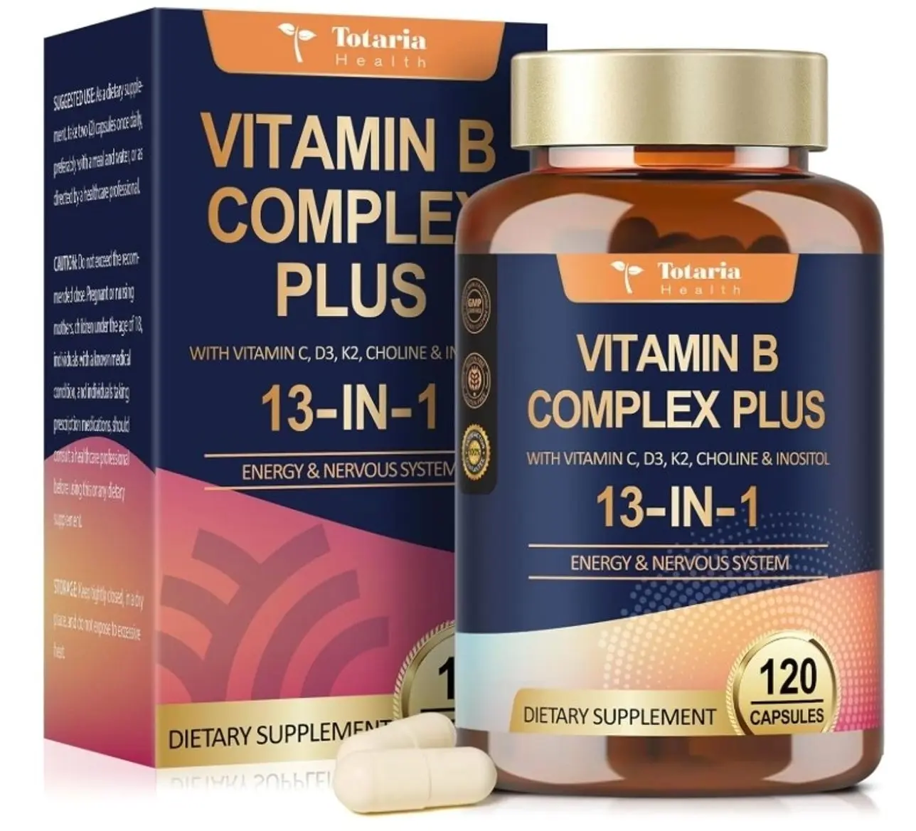 13-in-1 Vitamin B Complex Plus with Vitamin B1, B2, B3 (Niacinamide), B4, B5, B6, B7 (Biotin), B8 (Inositol), B9 (Folate), B12, C, D3, K2 - Energy, Nerve, Immune, Skin Support - 120 Vegan Capsules