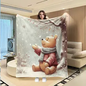 Winter Winnie Blanket Scarf Design, Healing Daily Warmth Cover, Creative Digital Print Flannel Throw, Holiday Gift, Multi-Purpose Outdoor Rug