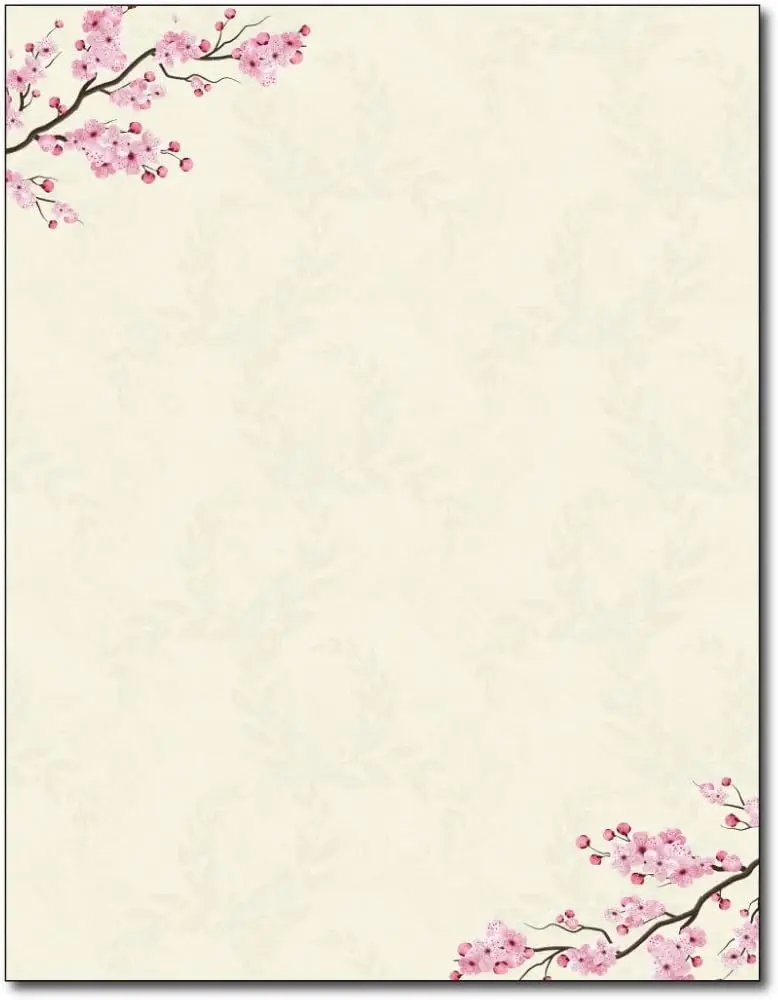 Cherry Blossoms Printable Letterhead Stationery Paper 50 Sheets 8.5" x 11" Decorative Writing Paper Floral Letter Paper 28lb Bond (105gsm) for Wedding Invitations Letters Events Announcements