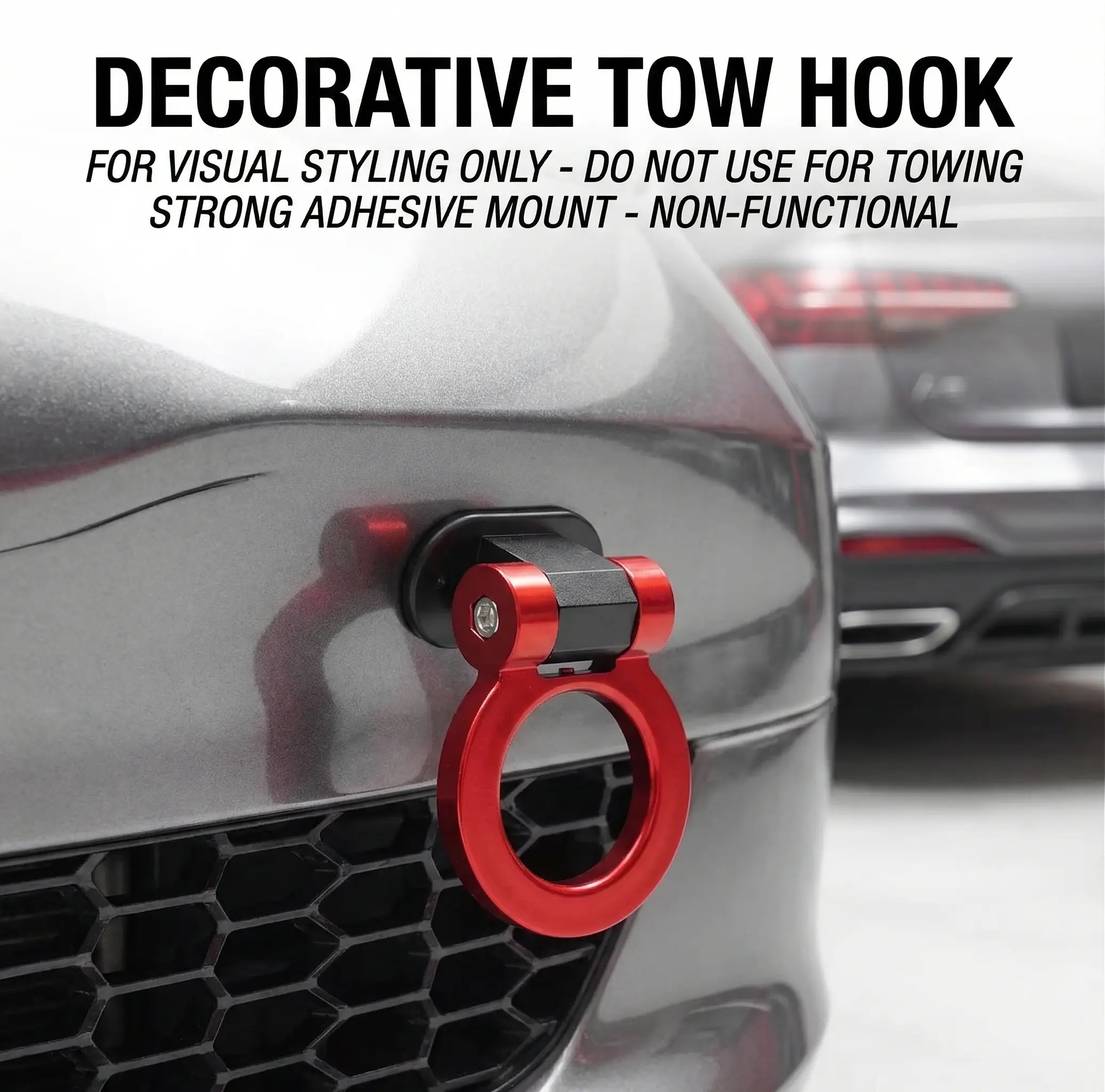 Universal Aluminum Decorative Tow Hook, Self-Adhesive Fake Towing Ring for Car Front Rear Bumper, 180° Adjustable JDM Racing Styling Accessory, Peel & Stick Non-Destructive Installation, For Decoration Only