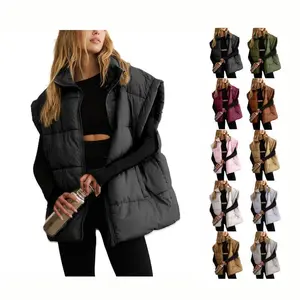 Women's winter oversized down vest with stand up collar, lightweight insulation pad, down jacket with pockets