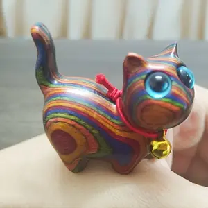 Handmade Creative Cat Ornament, Colorful Vibrant Handcrafted Wooden Carved Cat Figurine, Collectible Figurine, Cute Healing Desk Decor Gift, Unique Home Decoration