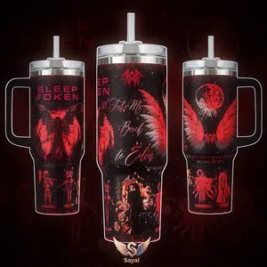 Take Me Back to Eden Sleep Token 40 oz Vacuum Insulated Tumbler with Handle Straw Red Black Angel Wings Gothic Graphic, Keeps Drinks Hot/Cold 12H+ 18/8 Stainless Steel Travel Mug for Metal Fans Alternative Music Lovers Dark Aesthetic Merch Gift