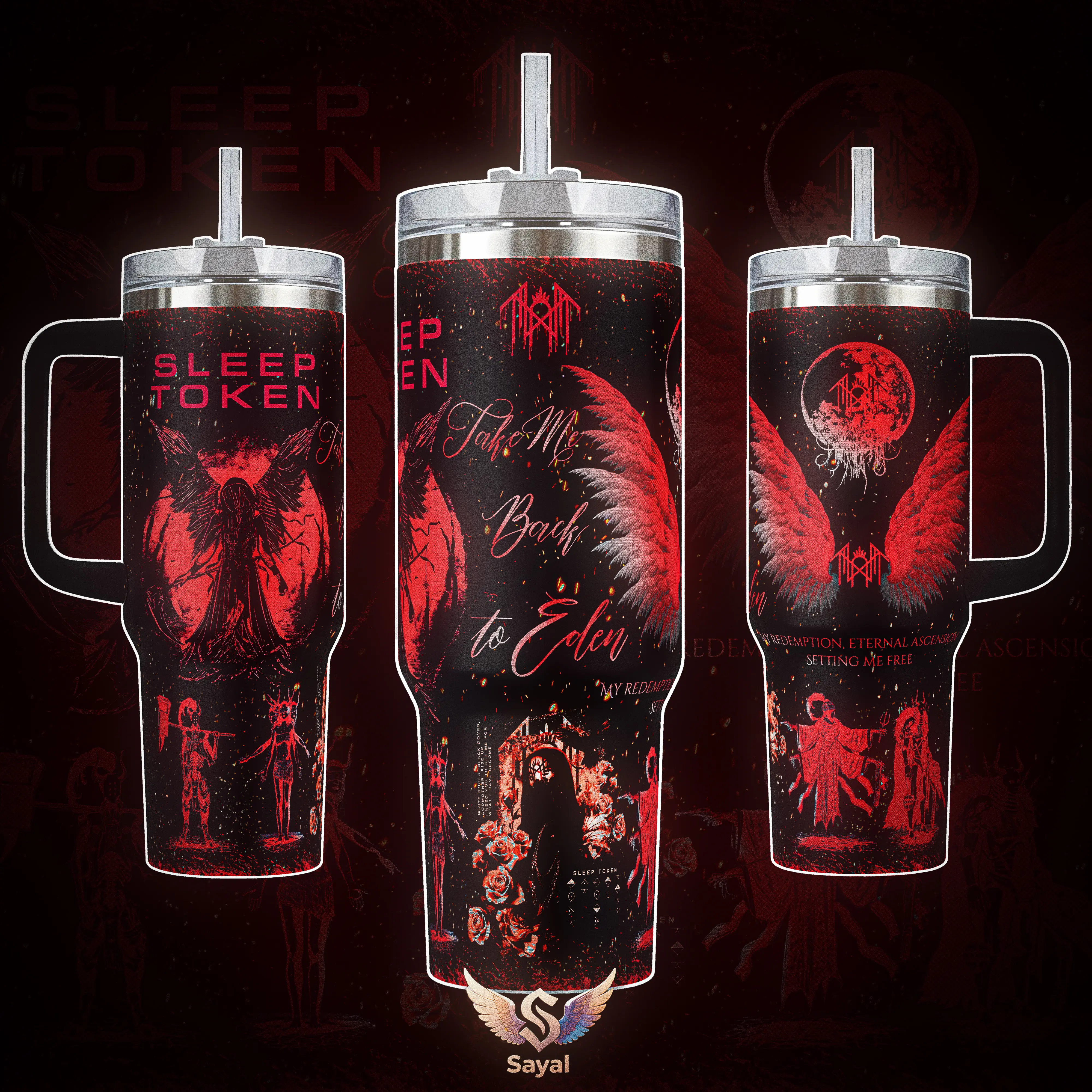 Take Me Back to Eden Sleep Token 40 oz Vacuum Insulated Tumbler with Handle Straw Red Black Angel Wings Gothic Graphic, Keeps Drinks Hot/Cold 12H+ 18/8 Stainless Steel Travel Mug for Metal Fans Alternative Music Lovers Dark Aesthetic Merch Gift