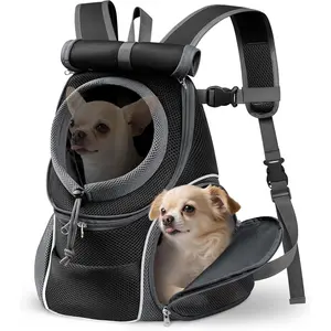Front Carrier Backpack with Sunshade Hood, 2 -Out (Front & Side) Breathable Pet Carrier for Small , Ventilated Doggy Backpack for Hiking Outdoor (Upgraded - Black, M)