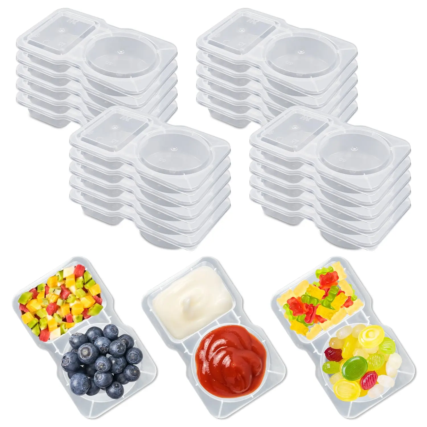 20 Sets Snack Containers  Pack With Lid Double Compartment Condiment Container Plastic For Sauce Salad Snacks Travel Take-out Food