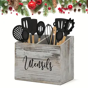 Kitchen Utensil Holder With 2/3 Compartments - Farmhouse Kitchen Decor Utensil Holder, Rustic Cooking Tools Silverware Caddy - For Halloween, Christmas Party Gathering - Perfect Gift for Home Cooks & Kitchen Enthusiasts Organiser  Wedding Wooden Storage