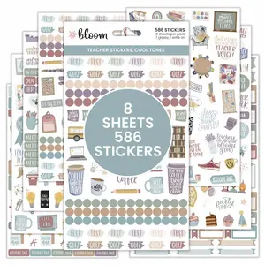 Planner Stickers Teacher Pack Cool Tones Beige 8 Sheets 586 Unique Hand Drawn Stickers