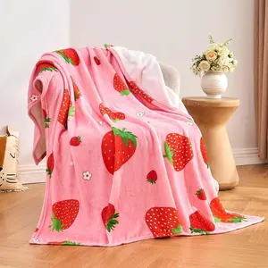 Pink Strawberry Kids Throw Blanket for Girls Teens Toddler Pink Soft Fuzzy Flannel Bed Blanket Birthday Gifts for Women Girls Kids Teens Adults, 60”x80”, Printed on One Side with a Plain White Back, Halloween Thanksgiving Christmas Gift