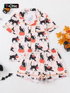 2 Pieces Of Women's Halloween Cute Pumpkin Cat Printed Short Sleeved Shorts, Comfortable Lapel Fit Pajama Set, Loungewear, Knitted Top, Pocket Elastic Waistband, Suitable for All Seasons Casual Classic Home Wear, Pjs