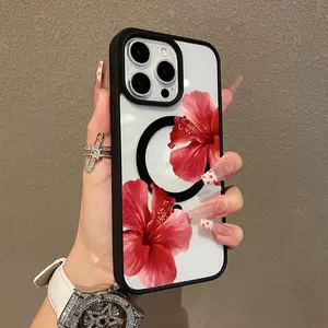 Hibiscus Blooms Pattern Magnetic Phone Case Supports Wireless Charging for iPhone 17 15 16 14 Pro Max 13 12 11 Plus Shockproof Non Slip Protection Silicone Transparent Acrylic Cover Cellphone Protective Protector Casing Smartphone