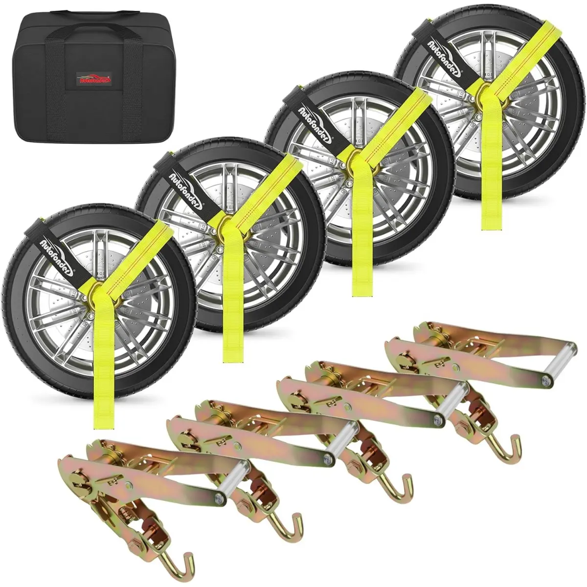 Heavy Duty 4-Pack Tire Tie Down Truck Straps, 2" x 10ft Cargo Trailer Straps with Swivel J Hooks & Molded Grips, 10,000 LB Break Strength, Cut-Resistant Polyester for ATV, Car, Includes Storage Bag, 10 Feet Long