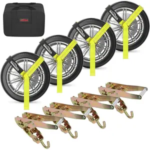 Tire Tie Down Straps with Swivel J Hook - 10,000lbs Break Strength, 2"x10ft Heavy Duty, Cut Resistance, Easy to Use ATV/Car/Trailer Straps - 4 Pack Complete Kit with Storage Bag