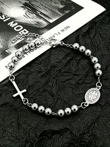 Elegant Stainless Steel Beaded Bracelet with Cross Pendant, Fashion Cross Bangle, Fashionable Women's Religious Jewelry, Perfect Valentine's Gift, Stainless Steel Wrist