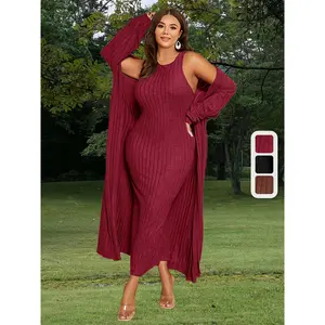 QYGOOD Long Sleeve Pullovers and Sleeveless Dresses, Two-Piece Sets of Ribbed Pullovers and Dresses in Plus Size, Plus Size Clothing for Women