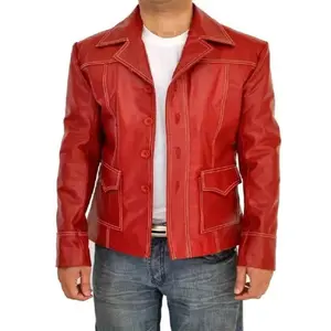 Classic Red Leather Jacket Tyler Durden Inspired Fashion for Men's Stylish Outfits 100% Genuine Sheepskin Leather Slim Regular Fit with Soft Lining and Front Zip-Up Closure