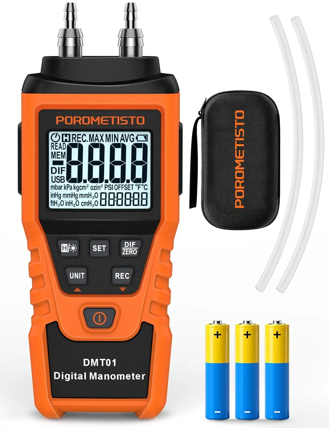 POROMETISTO DMT01 Digital Manometer with Manifold Gauge Kit, HVAC Manifold Gauge, 12 Pressure Units, H2O Support, Adjustable Auto Power-Off, 1-Touch Backlight, 3x1.5V AAA Batteries, Boiler Pressure Tests Tool for Automotive Maintenance