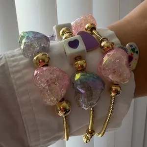 Rainbow Heart Chunky Charm Bracelet with Colorful Heart Charms and Gold Tone Beads for Stylish Accessory
