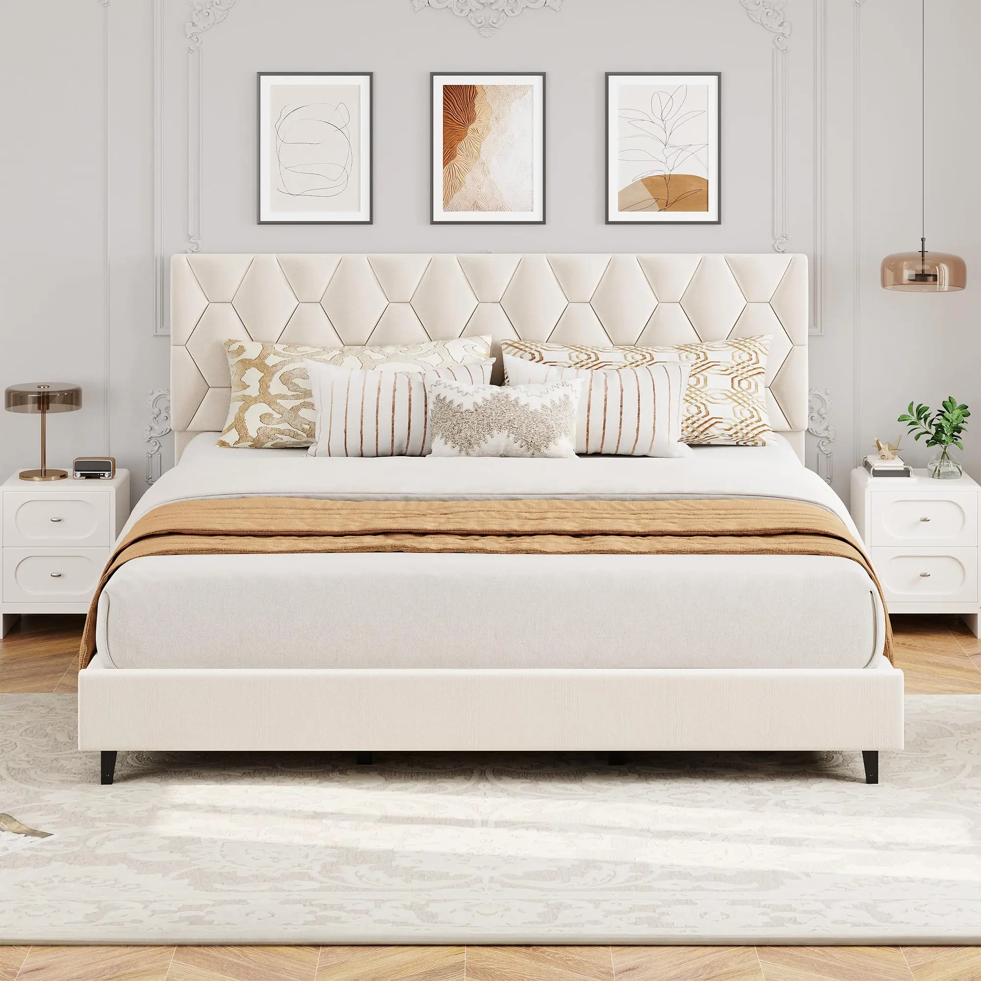 OUTGOODS Modern Upholstered Platform Bed Frame - Adjustable Cushioned Headboard, Heavy Duty Wood Slats, Sturdy Noise-Free Support, No Box Spring Needed - Adjustable Frame, Designer-Inspired, Large Heavy Duty Beds, Adjustable Frame Beds