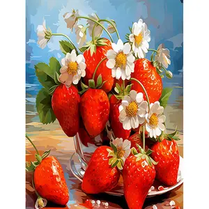 1PCS 16x20in Unframed Strawberries on a Plate Acrylic Paint by Numbers, Diy Decorative Painting, Hand-colored strawberry texture, glossy layers, sweet atmosphere, Perfect for light luxury food style gifts, Handcrafted Acrylic Art Supplies